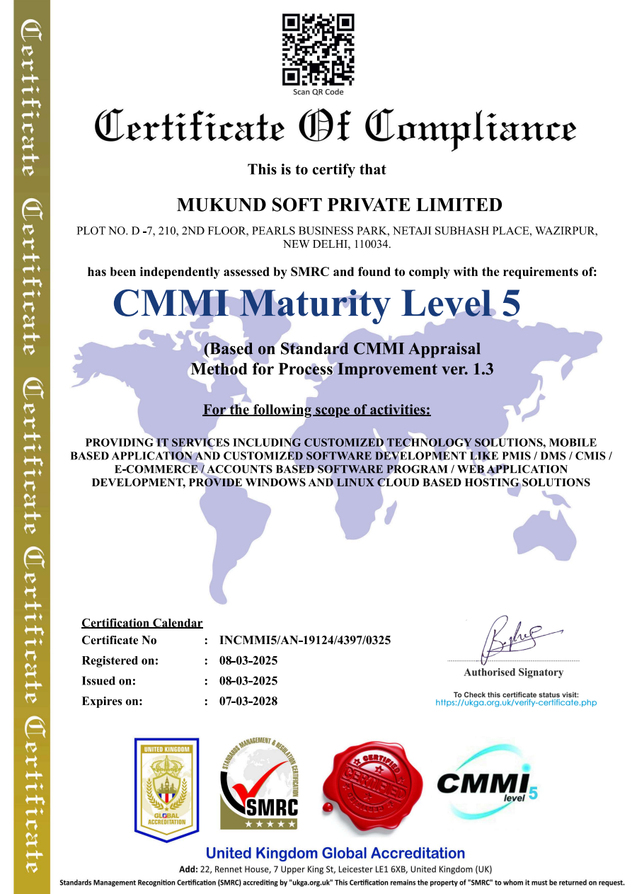 CMMI Maturity Level 5 certificate for Mukund Soft Private Limited