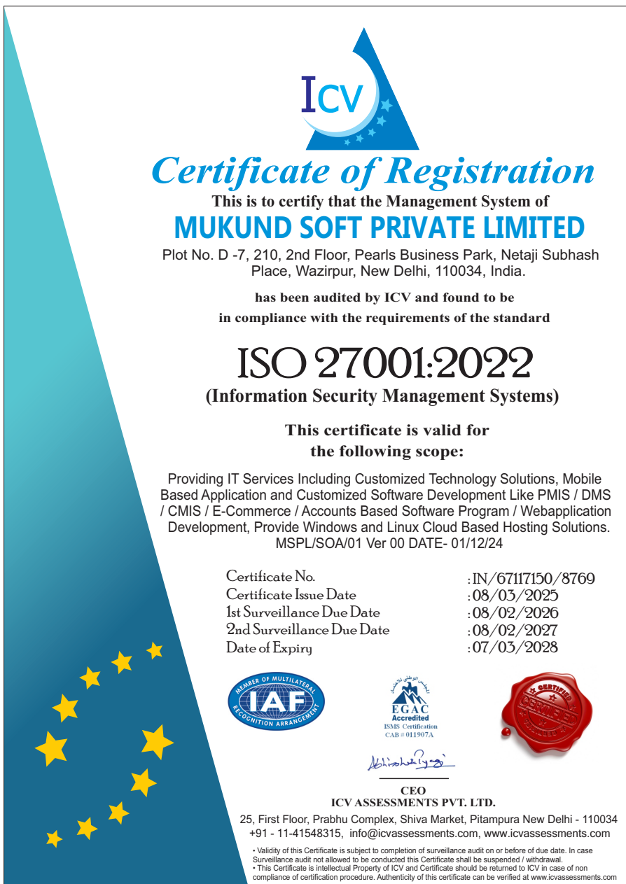 ISO/IEC 27001:2022 certificate for Mukund Soft Private Limited