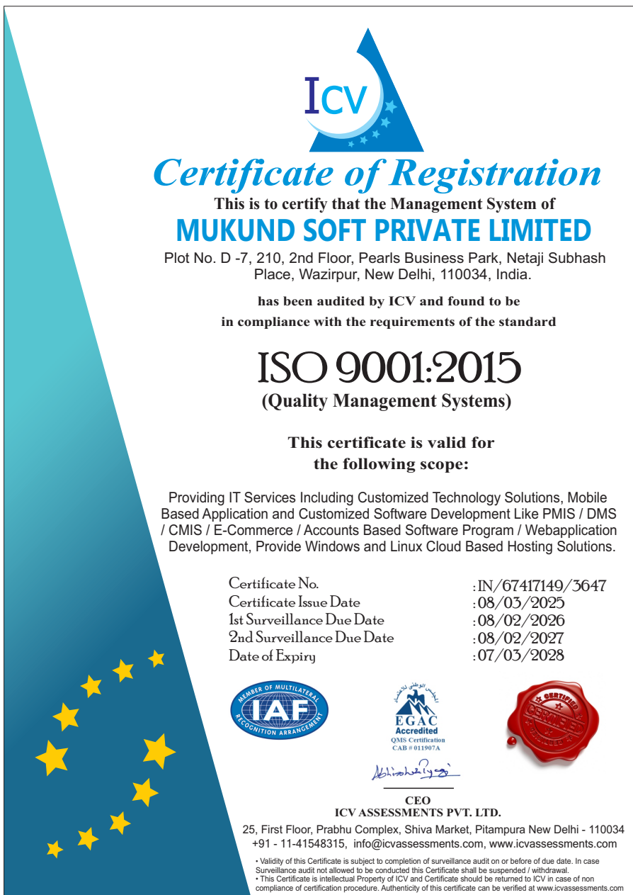ISO 9001:2015 certificate for Mukund Soft Private Limited